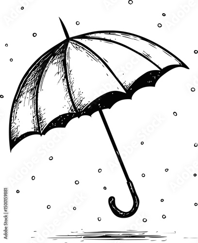 Black and white sketch of umbrella with falling raindrops in the background. Vector illustration