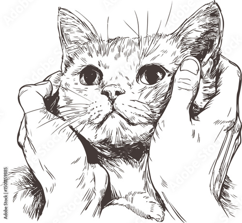 Sketch of a cat being held gently by two hands, displaying trust and warmth. Vector illustration