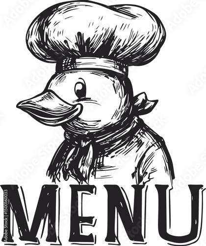 Chef duck illustration with a large hat and the word menu in bold letters. Vector illustration