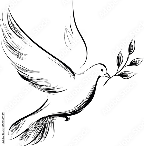 Illustration of a dove with olive branch in black lines, symbolizing peace. Vector illustration