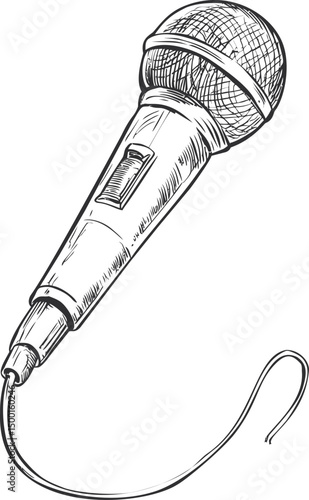 Detailed sketch of a vintage microphone with a long cord, monochrome illustration. Vector illustration
