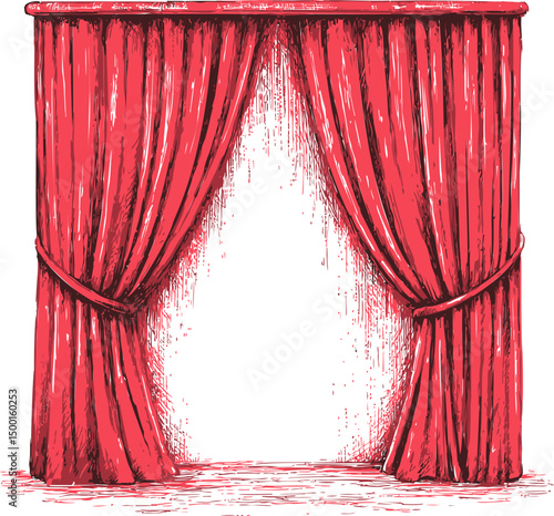Red theater curtains drawn open with empty stage. Vector illustration in sketch style