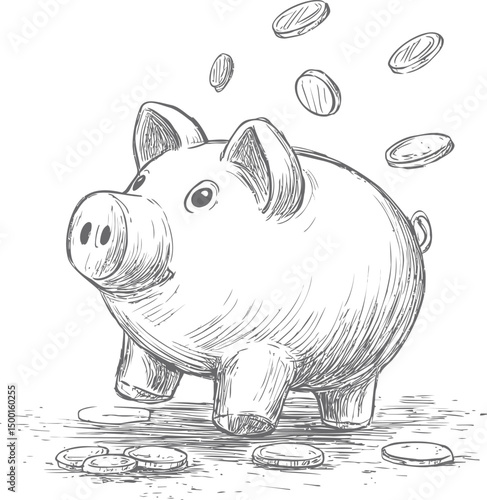 Piggy bank with falling coins in black and white sketch style. Vector illustration