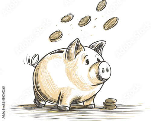 Sketch of a piggy bank with coins falling around in brown tones. Vector illustration