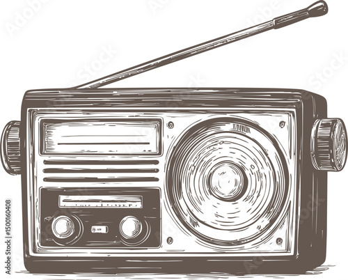 Retro vintage radio illustration with detailed speaker and antenna sketch. Vector illustration