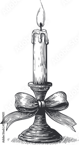 Elegant candle with melting wax and ribbon on candlestick drawing. Vector illustration in sketch style