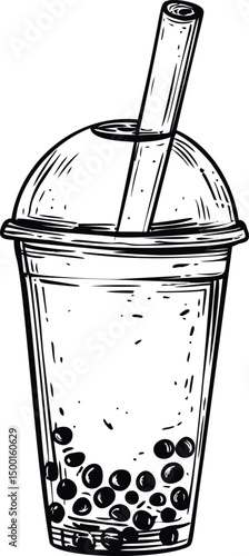 Black and white sketch of bubble tea with straw in plastic cup. Vector illustration