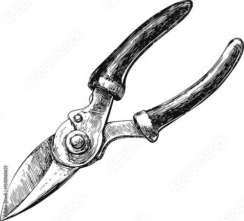 Detailed black and white illustration of vintage pruning shears in sketch style. Vector illustration