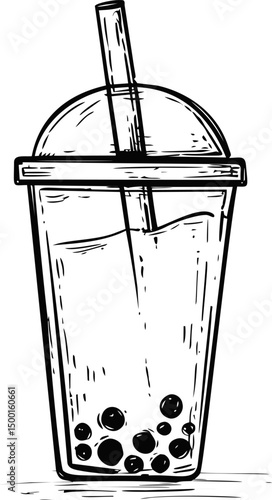 Illustration of a bubble tea cup with straw in detailed black sketch lines. Vector illustration