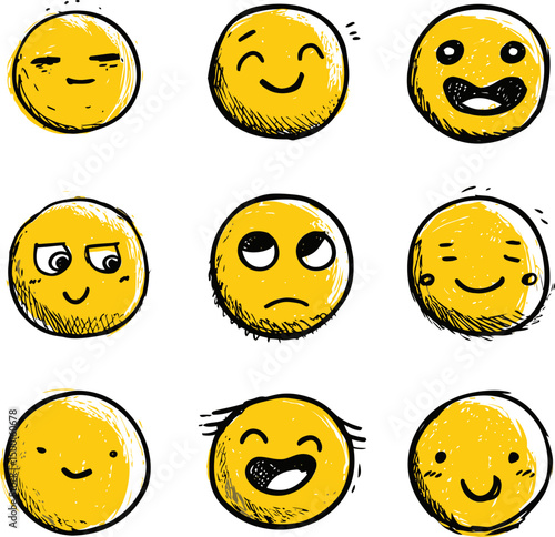 Yellow faces with various expressions in a grid, sketch style. Vector illustration