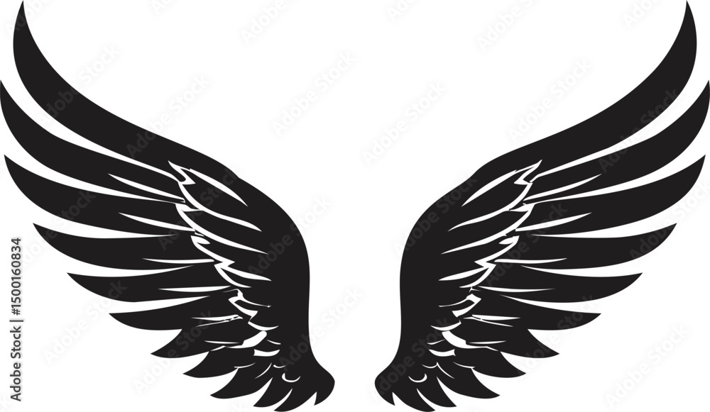 Fototapeta premium Black silhouette of two angel wings with detailed feathers. Vector illustration