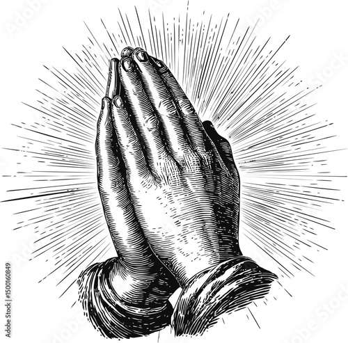 Hands in prayer with radiating light in vintage engraving style. Vector illustration