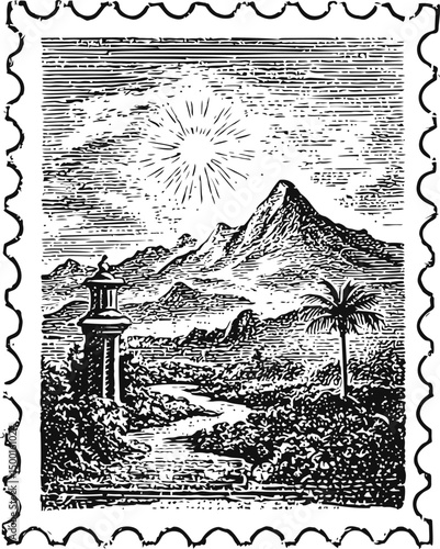 Vintage engraving of mountain with sun, palm tree, and pagoda on postage stamp. Vector illustration