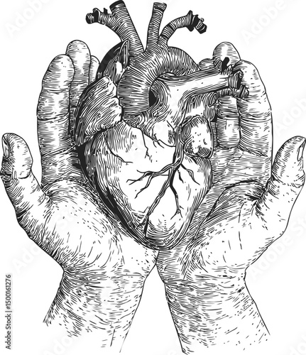 Intricate black and white sketch of human heart cradled in hands, emotional concept. Vector illustration