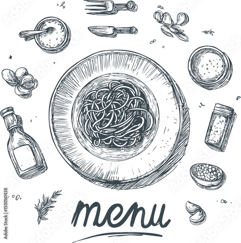Hand-drawn menu design featuring spaghetti plate with cooking ingredients. Vector illustration