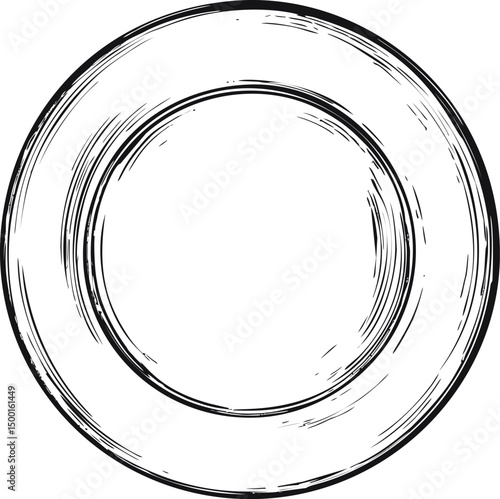 Monochrome sketched round dinner plate with artistic etching design. Vector illustration