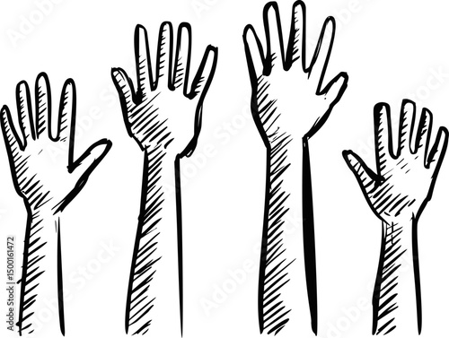 Black and white illustration of four raised hands, vector sketch drawing. Vector illustration