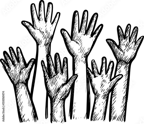 Sketch of multiple raised hands in black and white, symbolizing unity. Vector illustration
