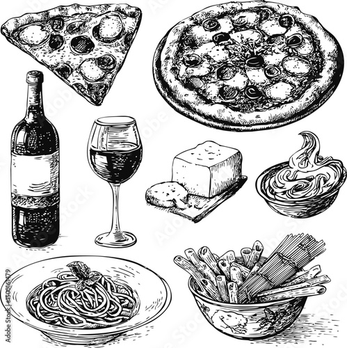 Hand-drawn illustration of Italian food items including pizza and wine. Vector illustration in sketch style
