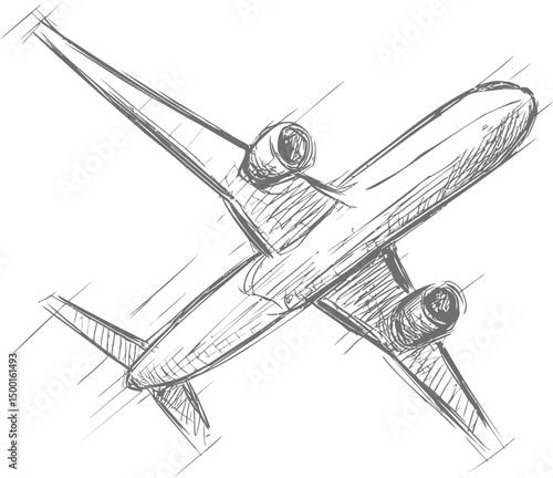 Sketch of a flying airplane with jet engines in monochrome illustration style. Vector illustration