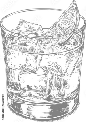 Sketch of a cocktail glass with ice cubes and citrus slice detailed drawing. Vector illustration