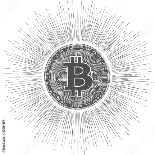 Bitcoin symbol with radiating lines representing energy and digital currency. Vector illustration