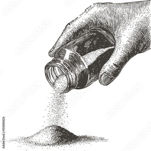 Hand pouring salt from a glass shaker in vintage black and white sketch. Vector illustration