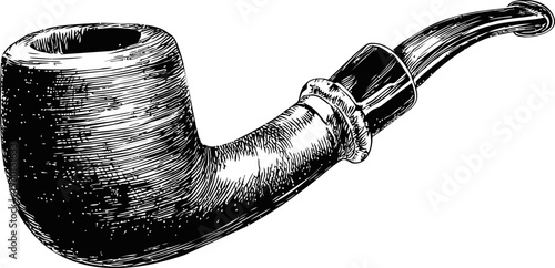 Black and white illustration of a classic smoking pipe, detailed sketch in ink. Vector illustration