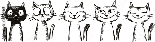 Cute doodle cats with various expressions in black and white illustration. Vector illustration
