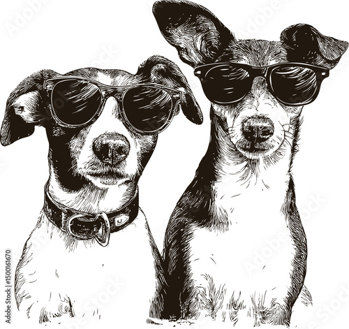 Two dogs wearing sunglasses in black and white sketch, cool pets illustration. Vector illustration