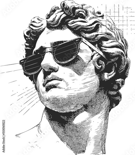 Classical sculpture in sunglasses with confident expression, modern art concept. Vector illustration