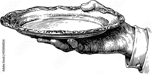 Vintage engraving of a hand holding an ornate serving platter in black and white. Vector illustration