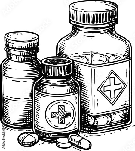 Hand-drawn illustration of medicine bottles and pills, vintage style etching. Vector illustration