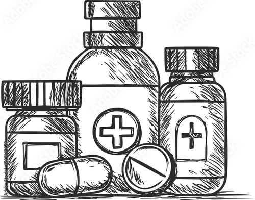 Black and white sketch of medicine bottles and pills, healthcare concept. Vector illustration