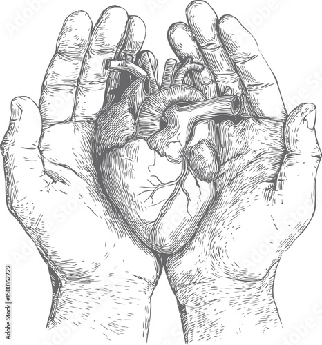 Detailed sketch of human heart cradled in hands, black and white line art. Vector illustration