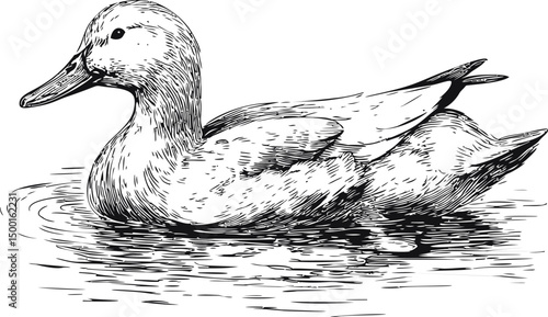 Black and white illustration of a duck swimming in calm water, pen and ink sketch style. Vector illustration