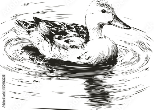 Sketch of a duck swimming in rippling water, black and white drawing style. Vector illustration