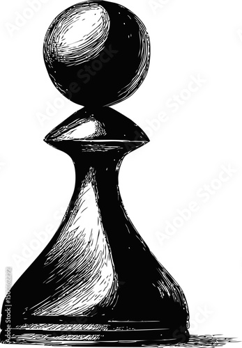 Black and white sketch of a chess pawn with detailed shading, abstract concept. Vector illustration