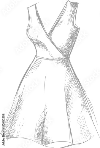 Elegant sketch of sleeveless dress with flowing skirt, fashion design concept. Vector illustration