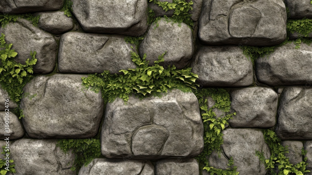 Textured Stone Wall with Greenery and Nature Elements Textured Stone Wall with Greenery and Nature Elements