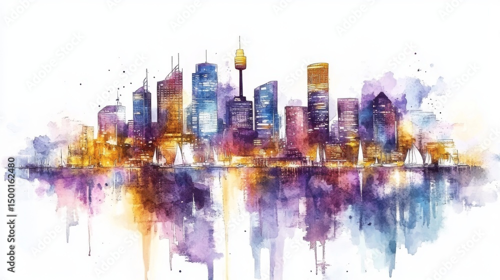 Obraz premium Cityscape watercolor of a sunset scene at a harbor