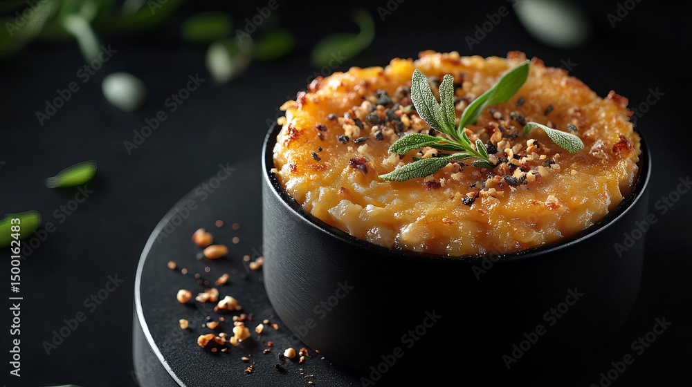 Baked shepherd's pie sits in a black bowl topped with seasonings and an herb on a black surface. Baked shepherd's pie sits in a black bowl topped with seasonings and an herb on a black surface.