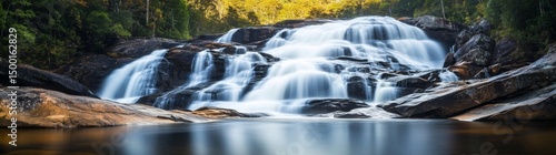 A majestic waterfall in a lush forest gently cascades down mossy rocks