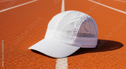 White cap mockup on red running track, daylight scene suitable for athletic or sports branding