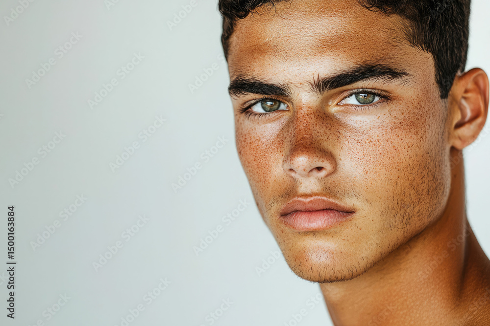 Naklejka premium Close-up portrait of a young man with freckles and intense gaze.