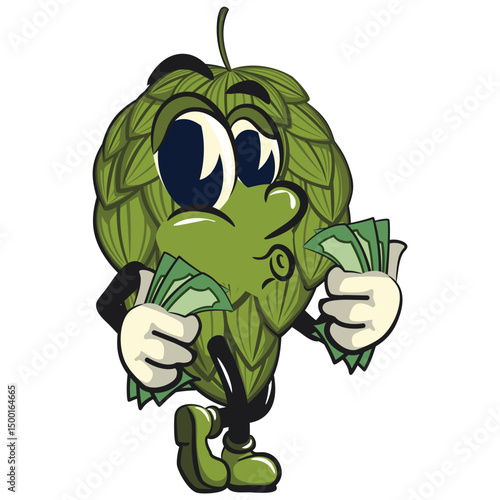 vintage hops vektor illustration mascot character carrying money while whistling, work of hand drawn