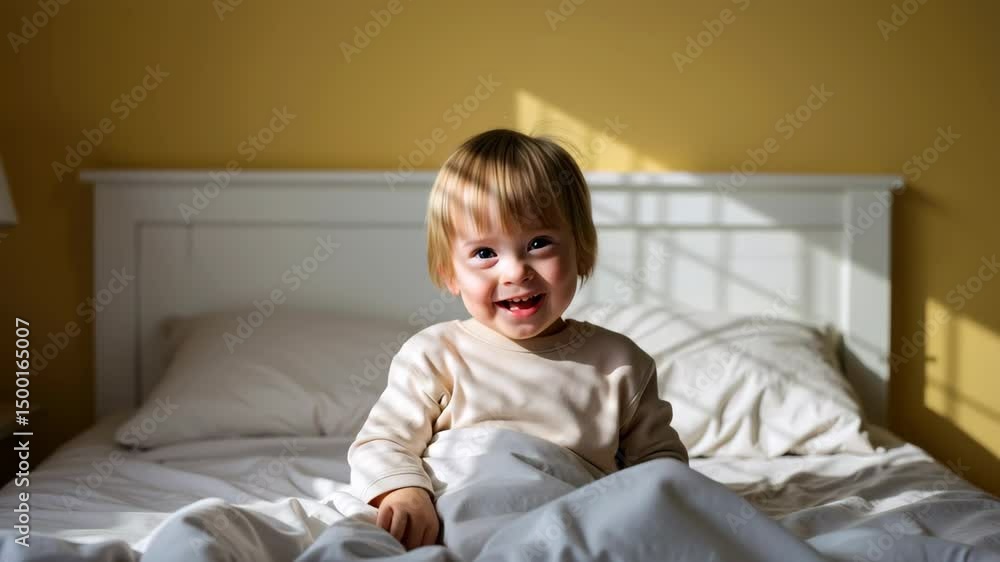 Joyful boy with Down syndrome raising arms in white bed. Child with blonde hair celebrating morning awakening. Happiness concept. Special needs childhood. Positive attitude. Horizontal banner Joyful boy with Down syndrome raising arms in white bed. Child with blonde hair celebrating morning awakening. Happiness concept. Special needs childhood. Positive attitude. Horizontal banner