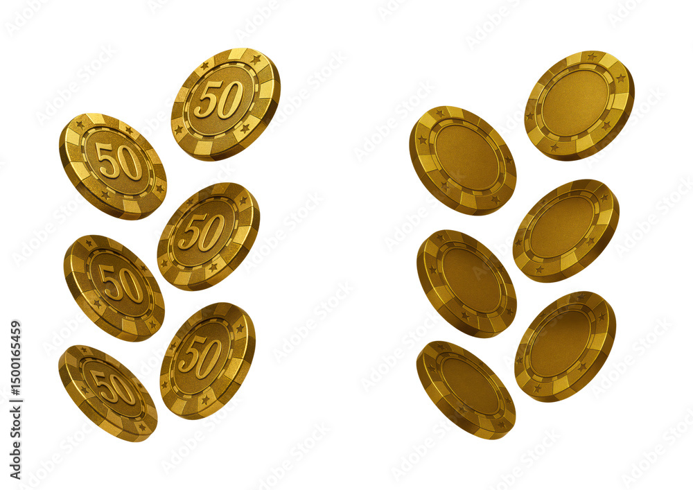 Golden Casino Chips Featuring Number 50 and Star Pattern, Symbolizing Luck and Gambling, Isolated on Transparent and White Background