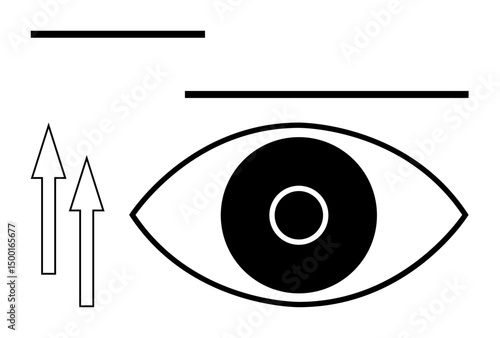 Stylized black-and-white eye with concentric circles, two upward arrows, and horizontal bars. Ideal for vision, focus, simplicity, minimalism, observation, optics simple landing page