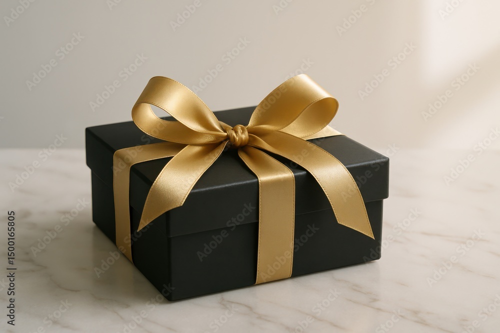 Obraz premium Elegant black gift box adorned with a luxurious golden ribbon on a marble surface
